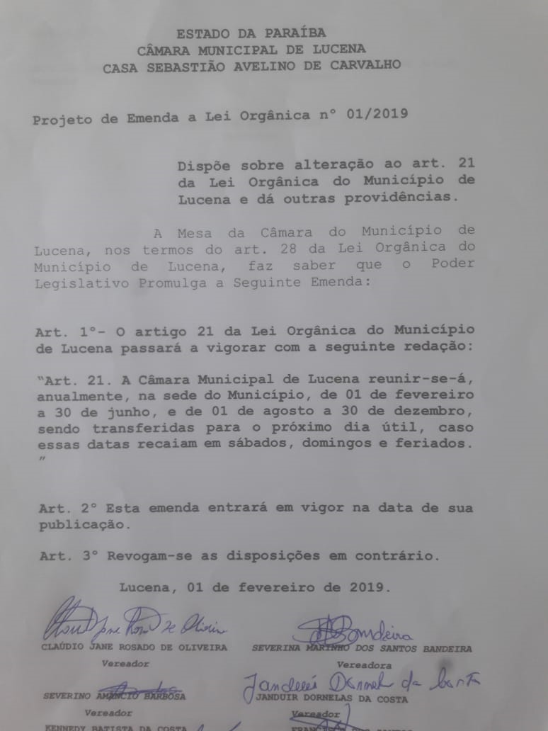 Vereadores de Lucena reduzem de quatro para dois meses o recesso parlamentar anual