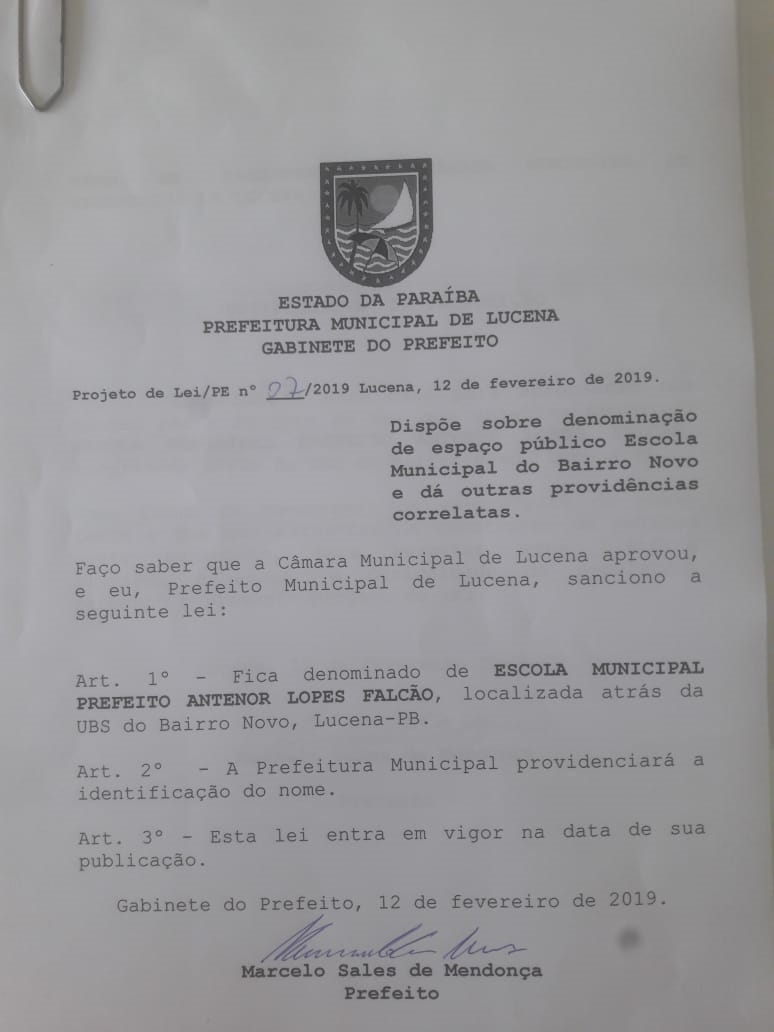 Escola do Bairro Novo será chamada de prefeito Antenor Lopes Falcão