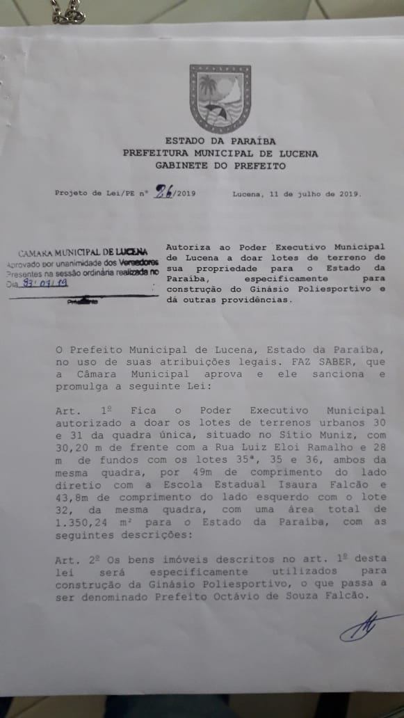 Câmara de Lucena aprova doação de terreno para Estado construir ginásio poliesportivo