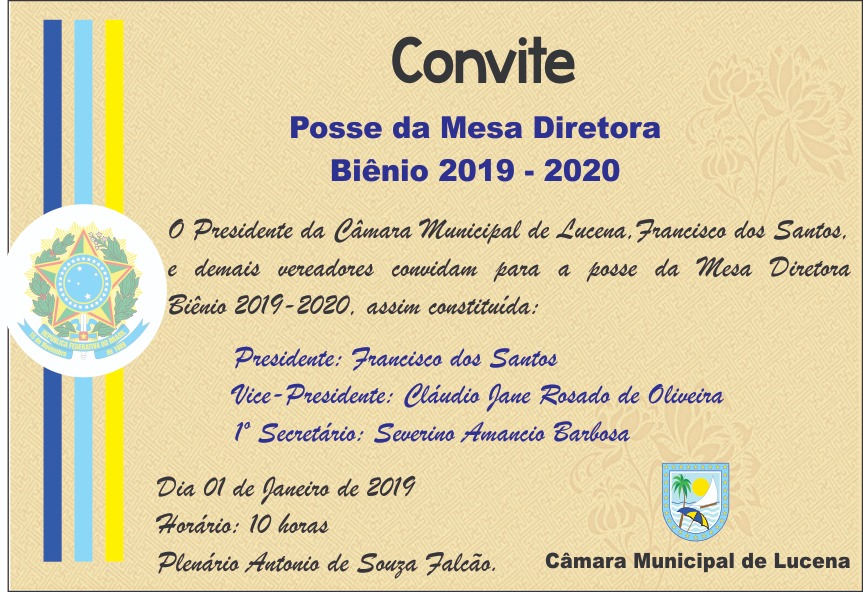 Nova Mesa Diretoria da Câmara Municipal de Lucena será empossada nesta terça-feira